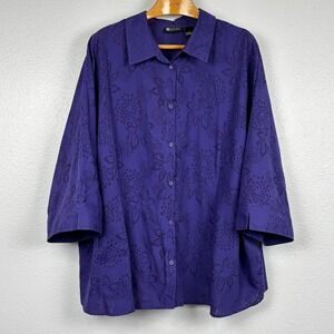 Maggie Barnes Purple Burnout Floral Blouse 5X Sheer Lightweight 3/4 Sleeve
